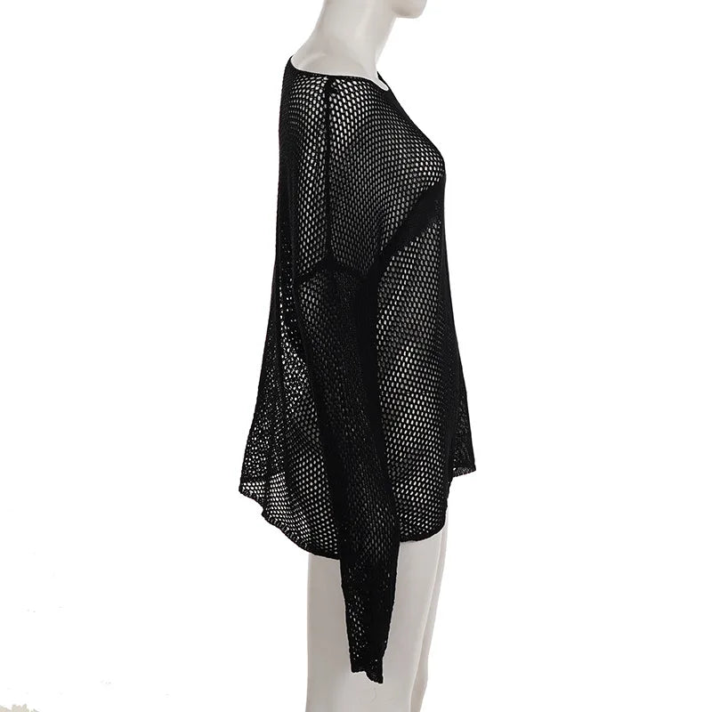 Gothic Y2K Alt Goth Punk Fishnet Mesh Cross Patchwork Long Sleeve Cover Up Top