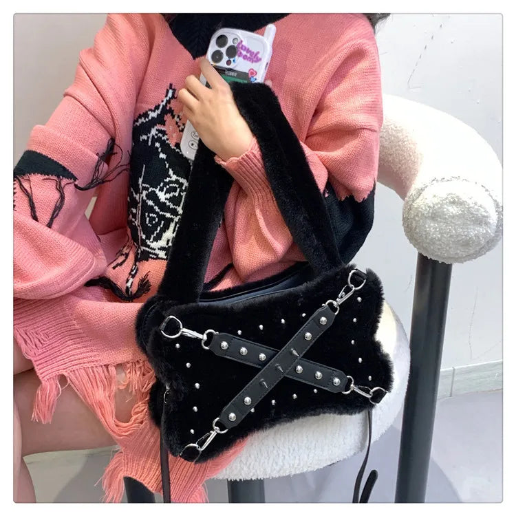 Gothic Alt Goth Y2K Bone Plush Studded Crossbody Shoulder Bag (available in 2 colors)