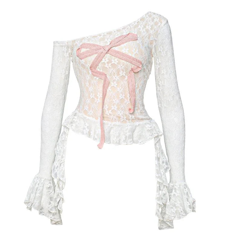 Gothic Dark Coquette Y2K White Off Shoulder Pink Bow Long Sleeve Lace Top