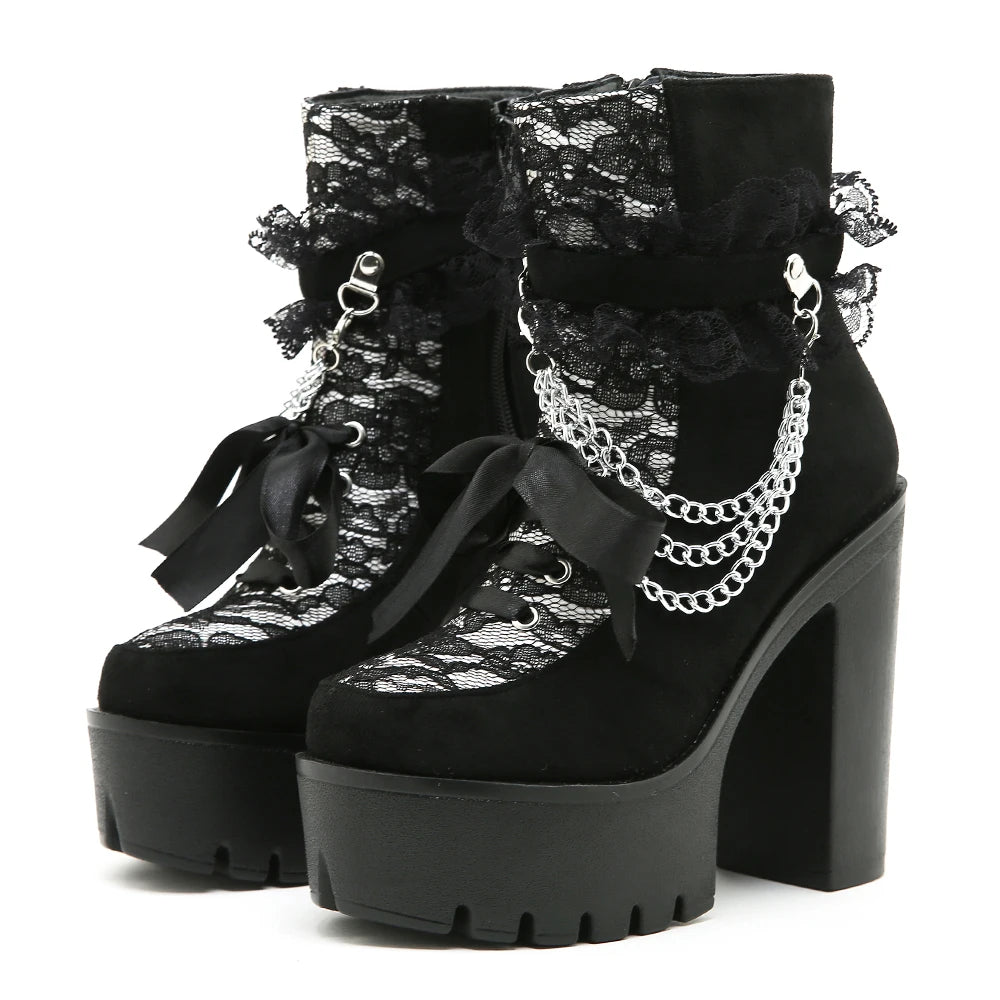 Gothic Victorian Goth Lace Chain Platform Ankle Boots
