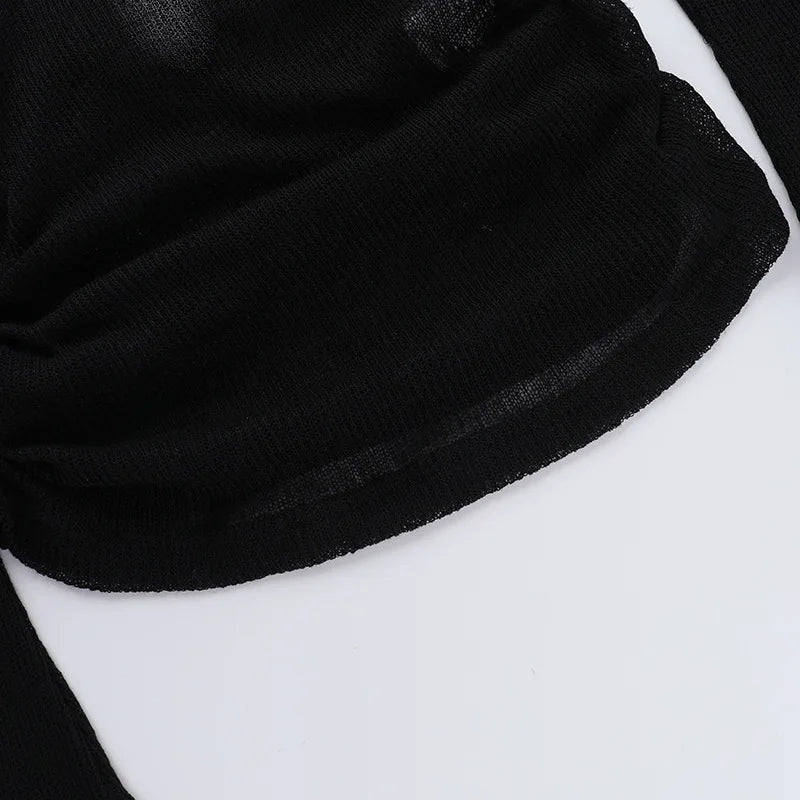 Gothic Y2K Alt Goth Cross Print Off Shoulder Leather Buckle Long Sleeve Top