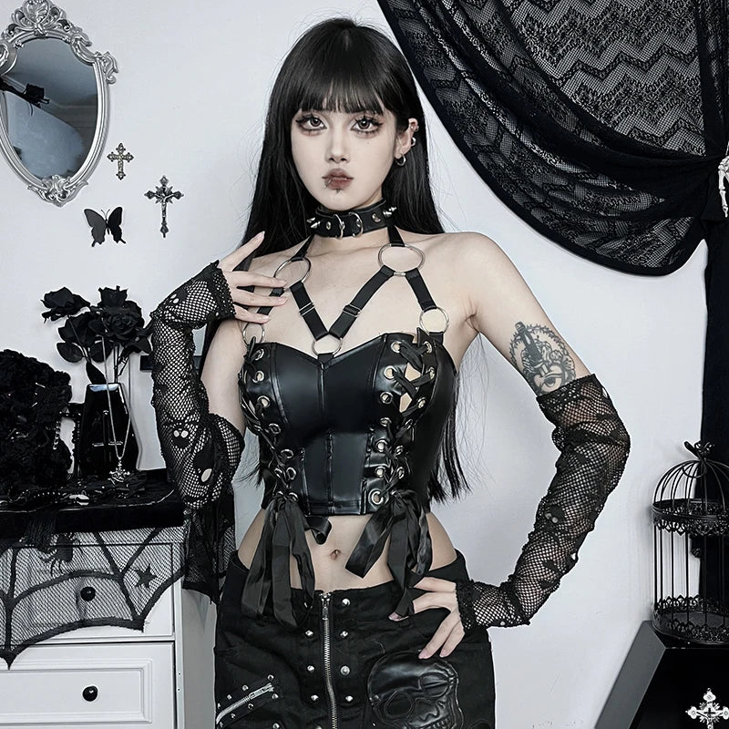 Gothic Faux Leather Lace Up Halter Top