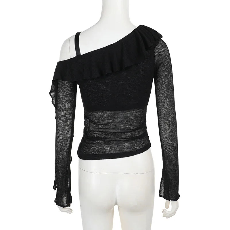 Gothic Y2K Alt Goth Cross Print Off Shoulder Leather Buckle Long Sleeve Top