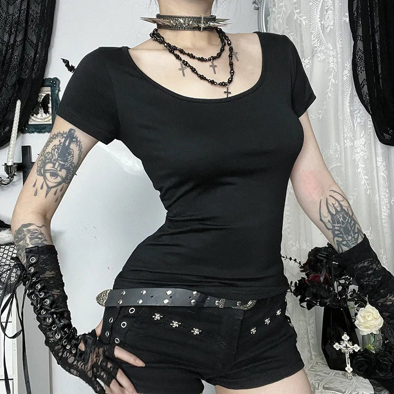 Gothic Alt Punk Goth Hollow Out Bone Chain Short Sleeve Top