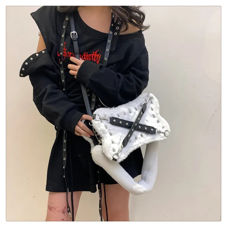 Gothic Alt Goth Y2K Bone Plush Studded Crossbody Shoulder Bag (available in 2 colors)
