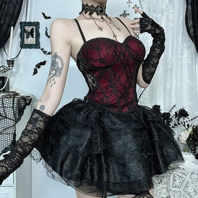 Gothic Dark Romantic Goth Red Black Lace Patchwork Camisole Top ROCK 'N DOLL Gothic Dark Romantic Goth Red Black Lace Patchwork Camisole Top ROCK 'N DOLL