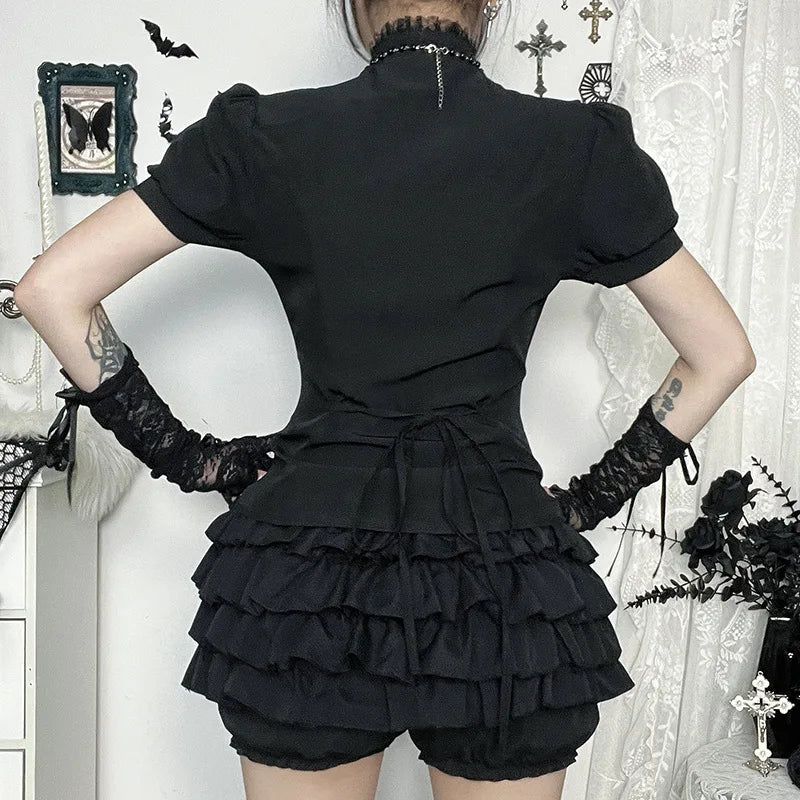 Gothic Victorian Goth Lace Patchwork Hollow Out Short Sleeve Blouse Top