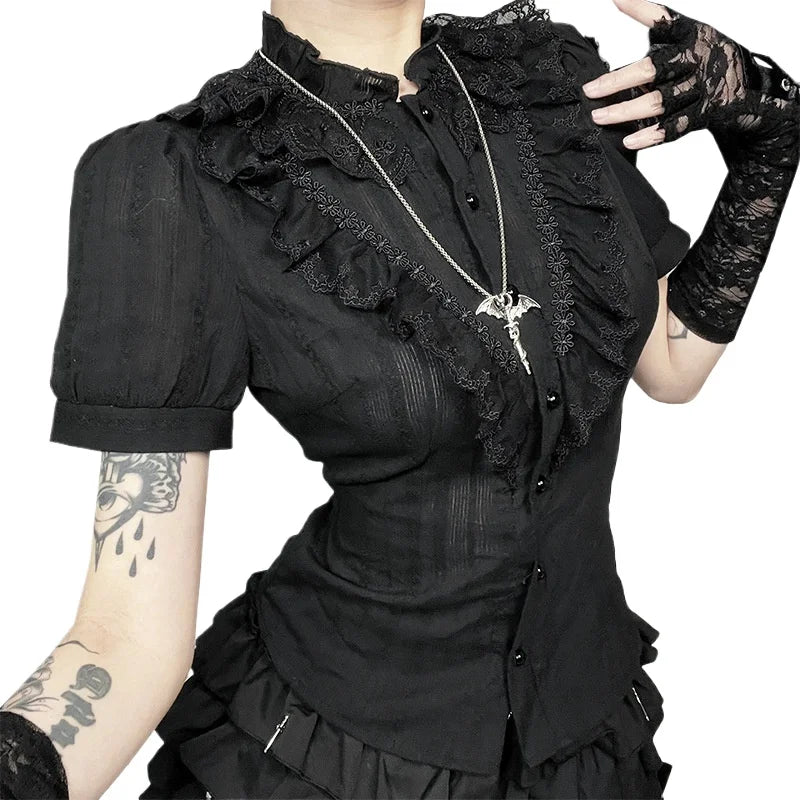 Gothic Dark Academia Jacquard Short Sleeve Blouse Top