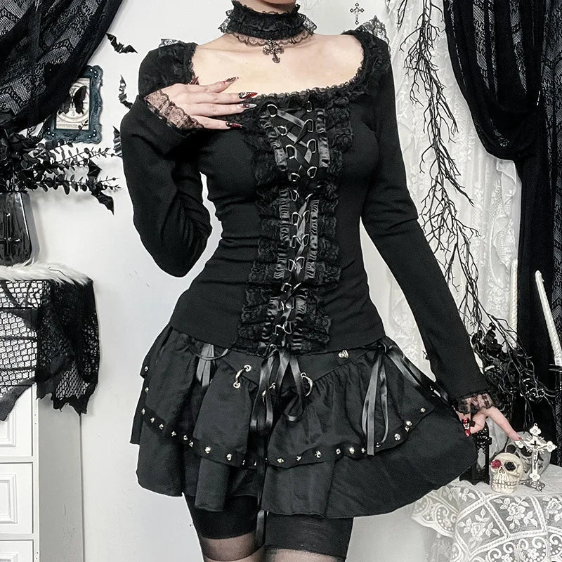 Gothic Romantic Goth Lace Ruffles Patchwork Square Collar Long Sleeve Top