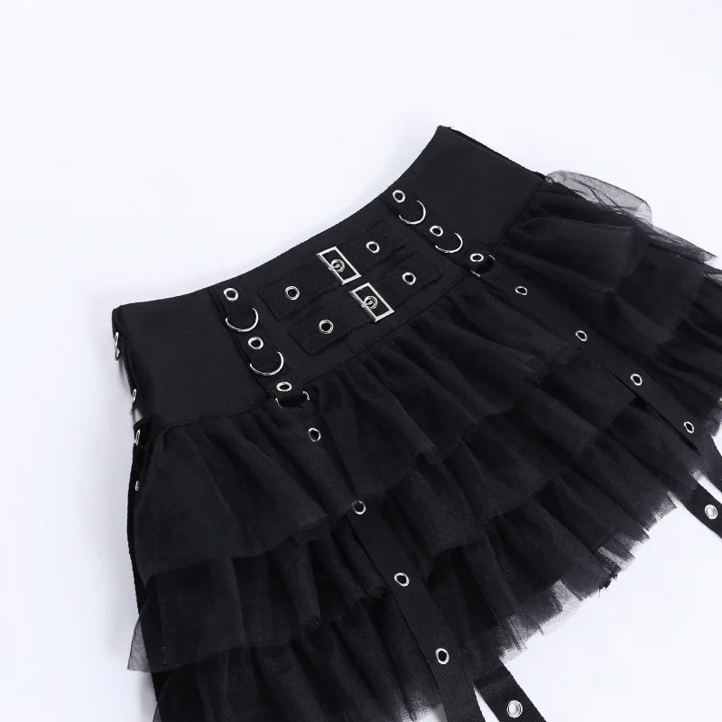 Gothic Ruffles Mesh Splice Buckles Mini Skirt