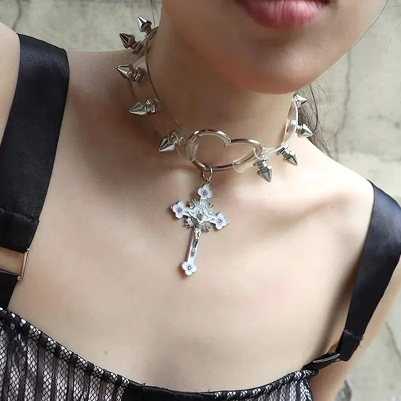 Gothic Alt Goth Heart Crucifix Studded Choker Necklace