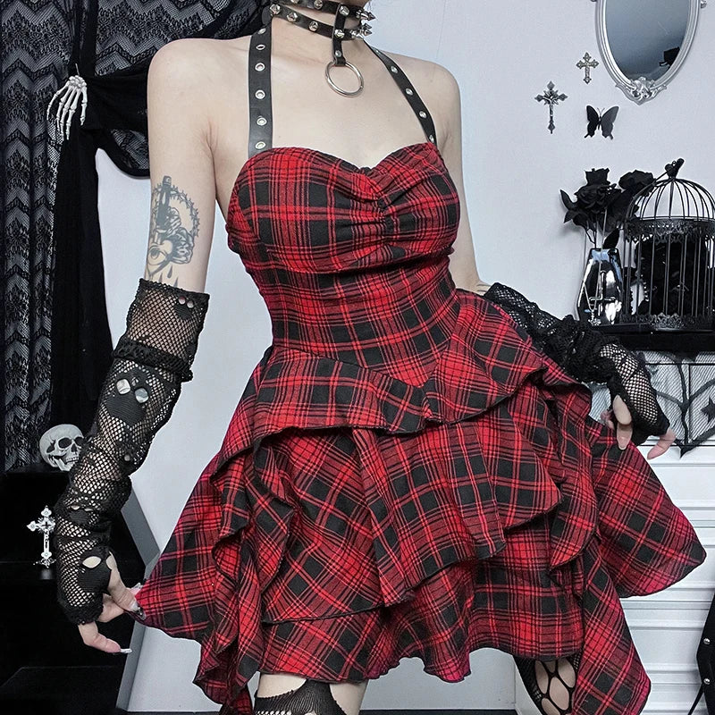 Gothic Grunge Y2K Red Plaid Irregular Hem Halter Mini Dress