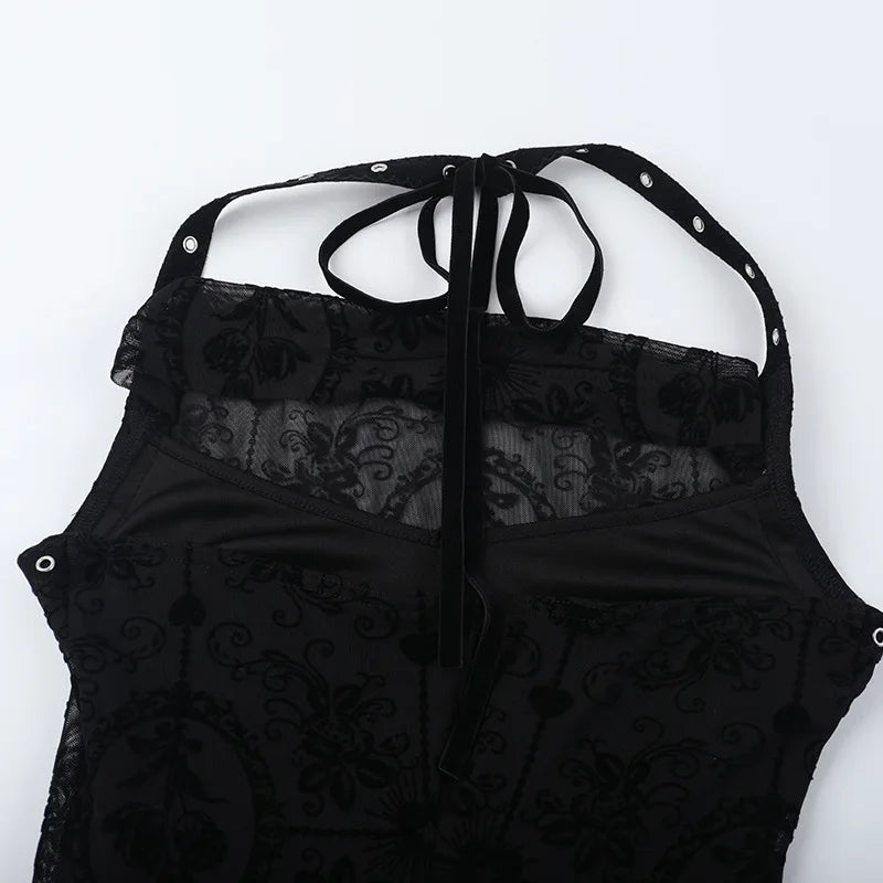 Gothic Romantic Goth Vintage Mesh Patchwork Halter Trumpet Dress