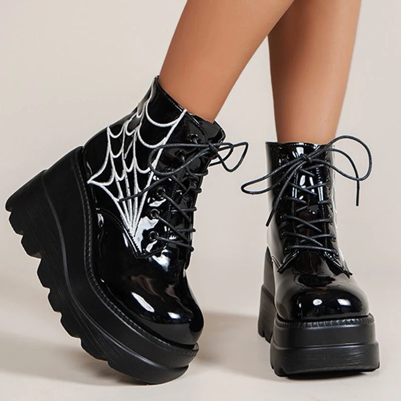 Gothic Spider Web Lace Up Chinky Wedge Platform Boots