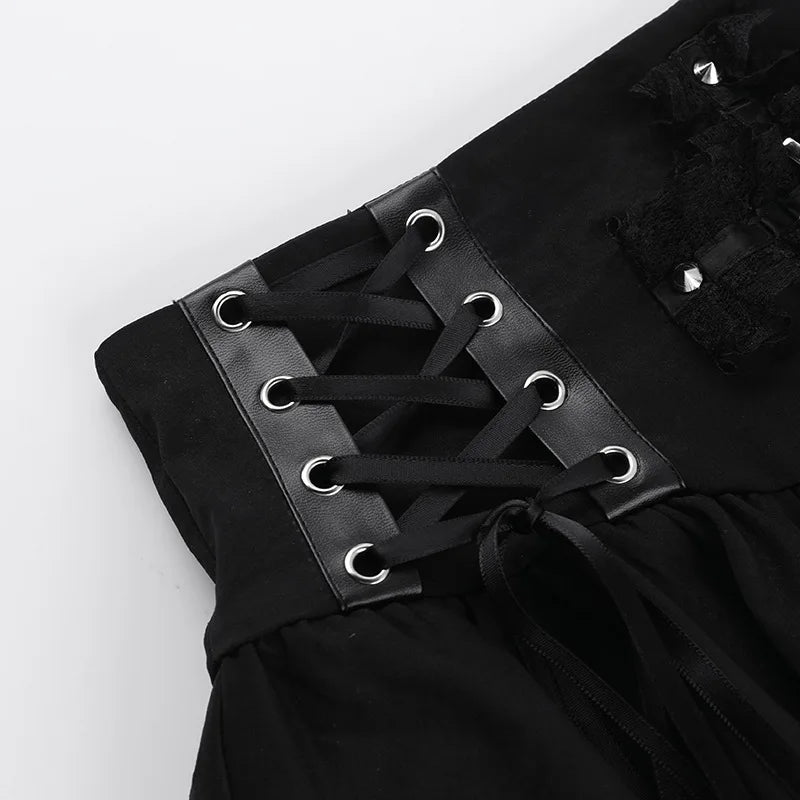 Gothic Alt Cross Patchwork Lace Up Pleated Mini Skirt