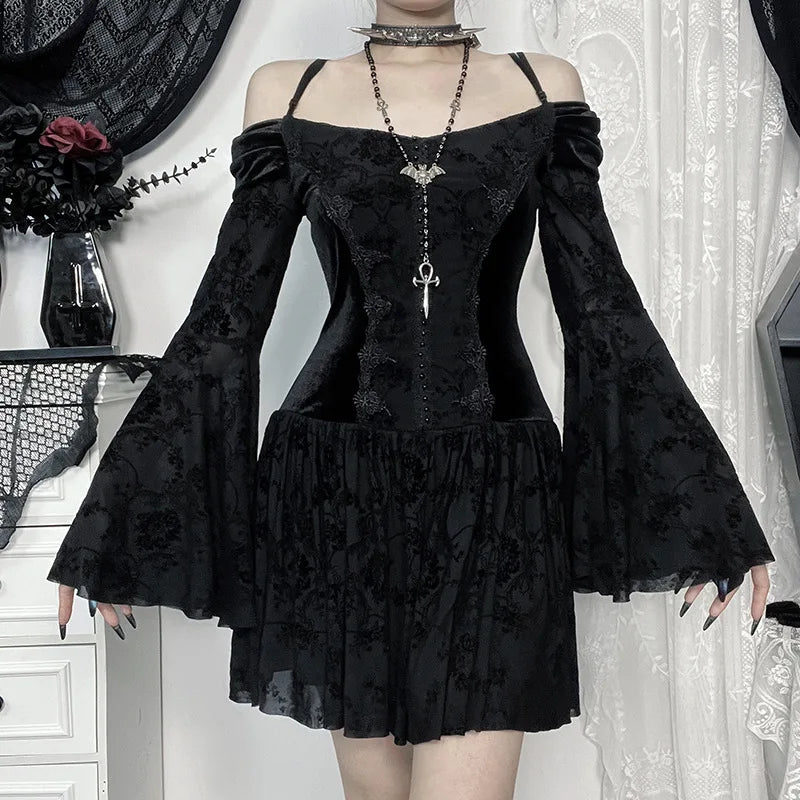 Gothic Vampire Goth Off Shoulder Velvet Sheer Flare Sleeves Mini Dress