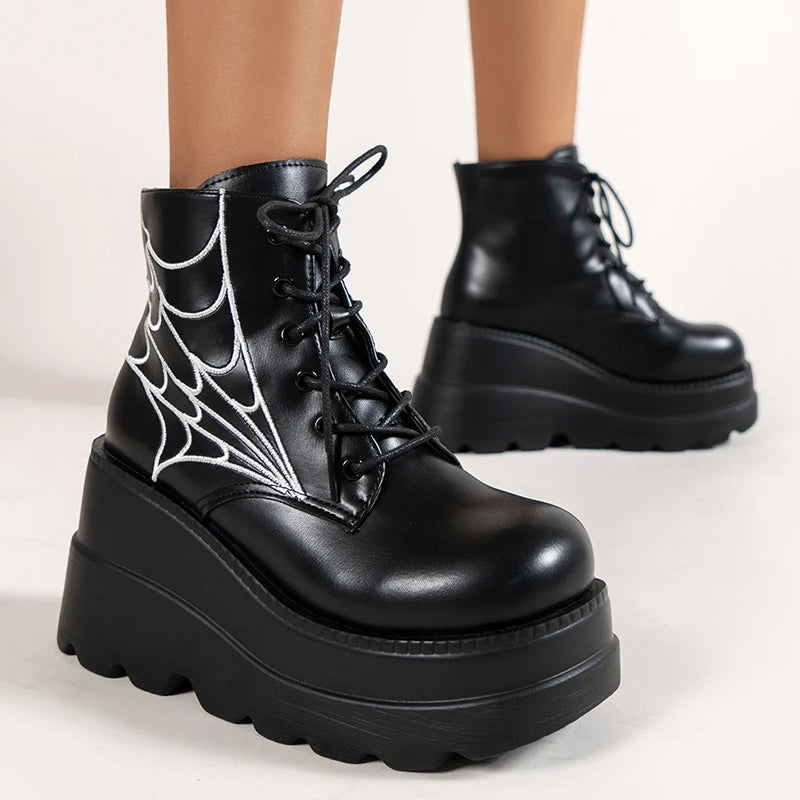 Gothic Spider Web Lace Up Chinky Wedge Platform Boots