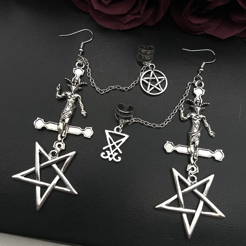 Gothic Pentagram Inverted Cross Baphomet Earrings with Chain and Ear Cuffs