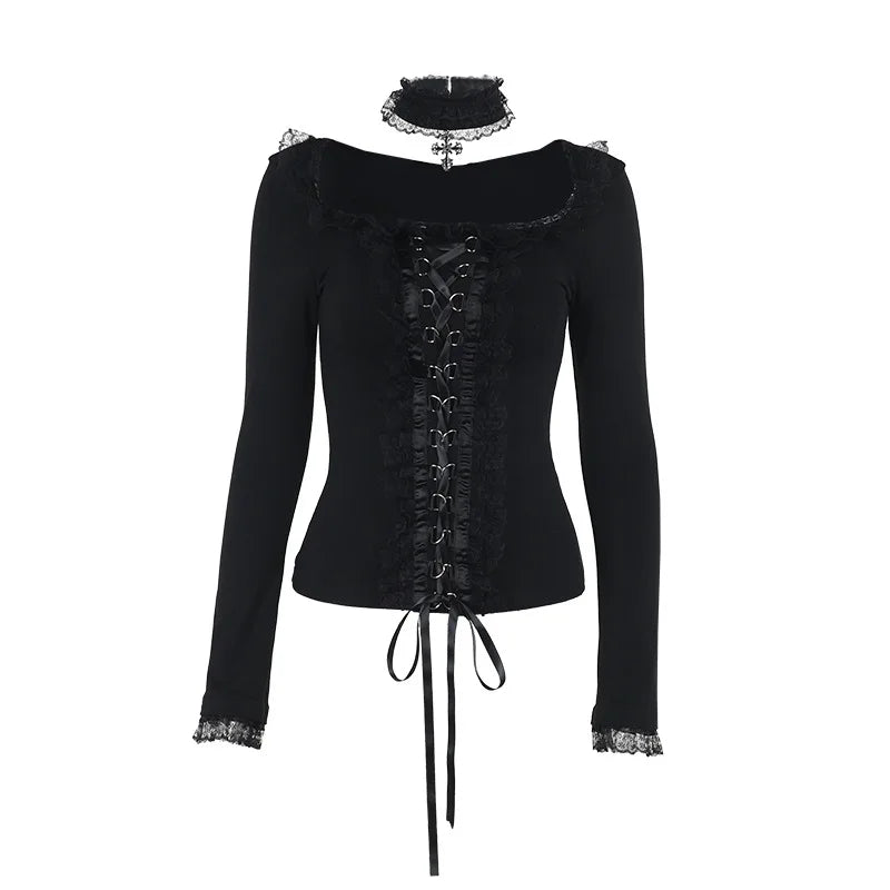 Gothic Romantic Goth Lace Ruffles Patchwork Square Collar Long Sleeve Top
