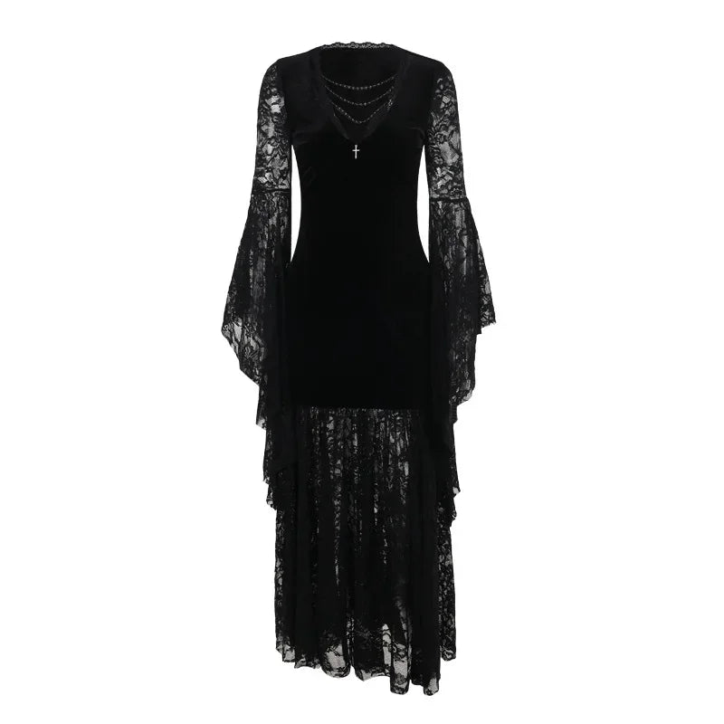 Gothic Vampire Lace Bell Sleeves Deep Neckline Long Dress