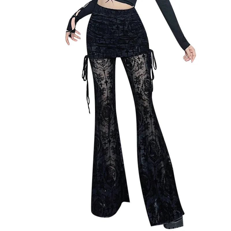Gothic Alt Goth Vintage Design Sheer Flocking Mini Skirt Pants