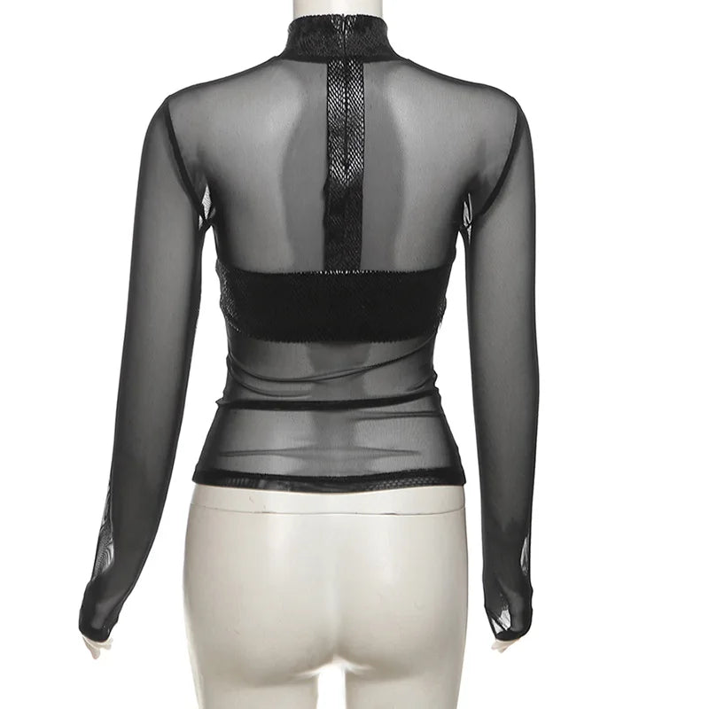 Gothic Alt Y2K Goth Cross Patchwork Mesh See-Through Long Sleeve Shirt Top