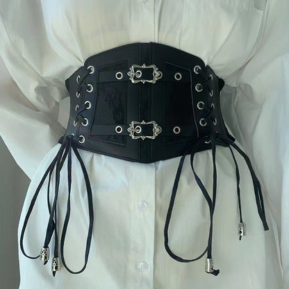 Gothic Leather Lace Buckles Wide Corset Belt