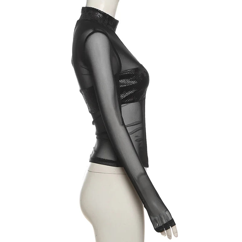 Gothic Alt Y2K Goth Cross Patchwork Mesh See-Through Long Sleeve Shirt Top