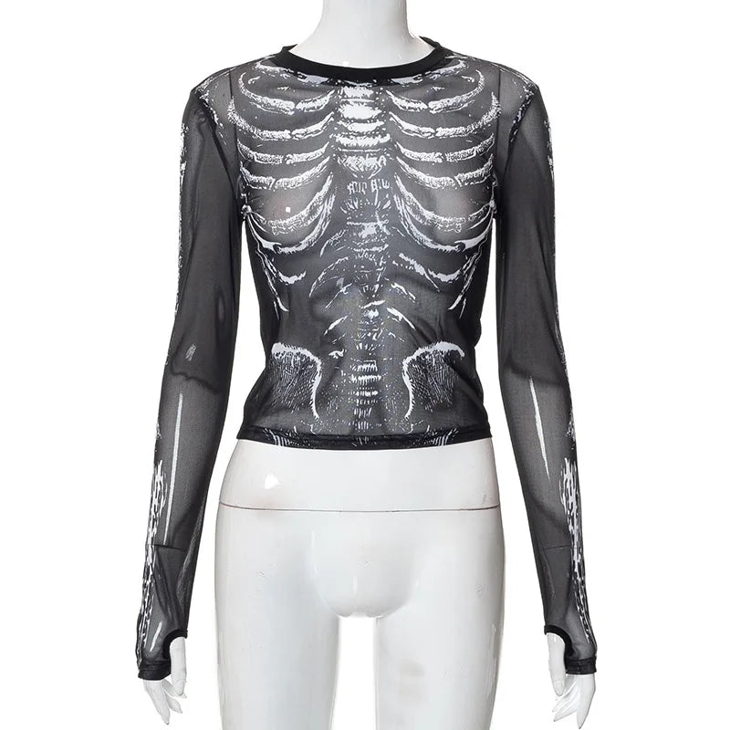 Gothic 90's Goth Y2K Skeleton Print Mesh Top