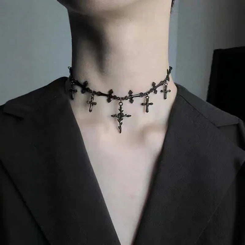 Gothic Alt Goth Chain Cross Choker Necklace