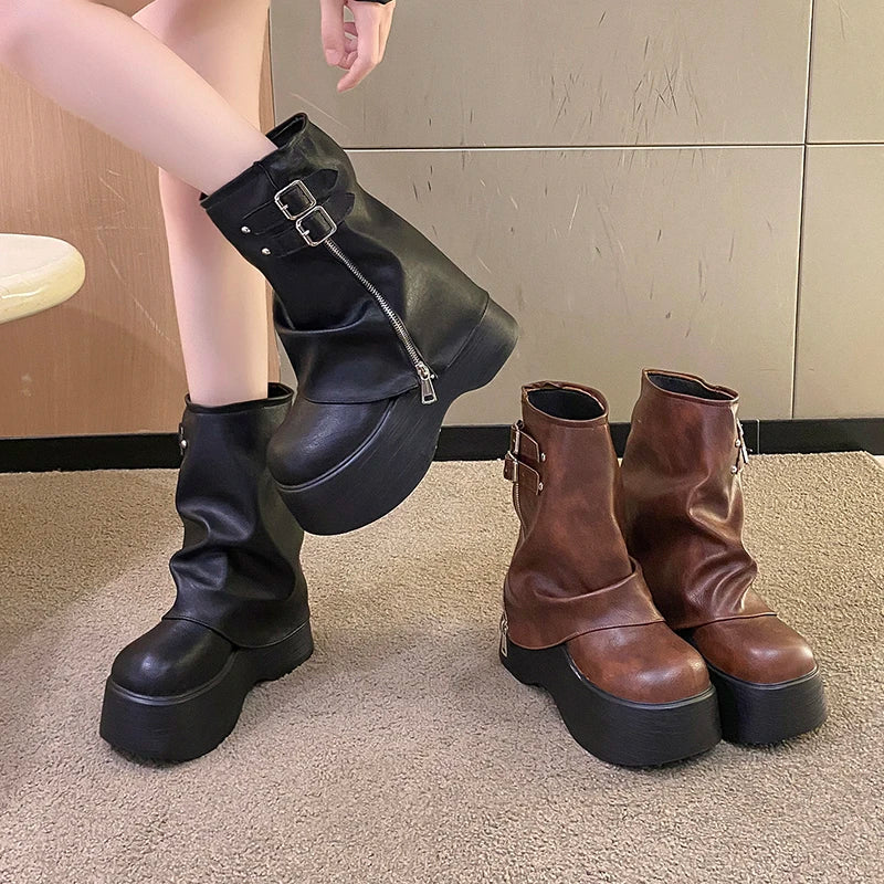 Gothic Alt Goth Harajuku Zip Up Buckle Mid Calf Platform Boots
