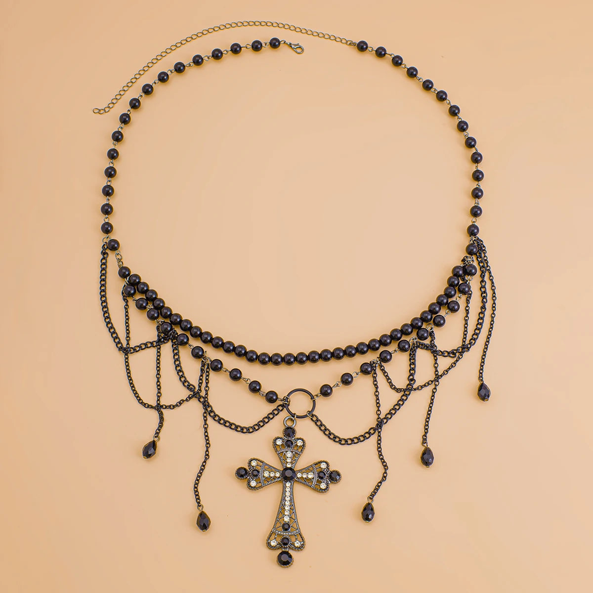 Gothic Romantic Black Crystal Cross Pendant Waist Belly Chain Belt
