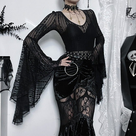 Gothic Lace Flare Sleeves V-Neck Bodysuit Top (available in 2 colors)