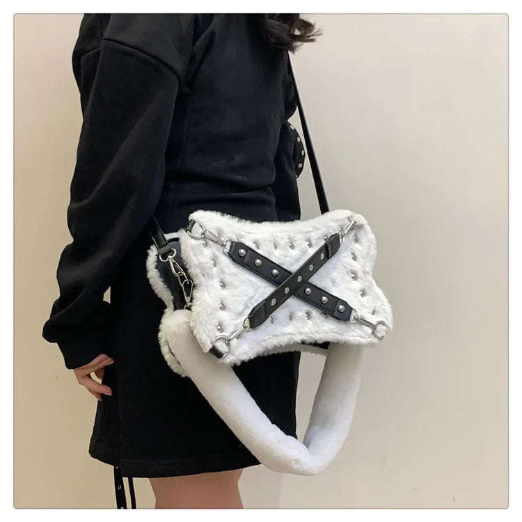 Gothic Alt Goth Y2K Bone Plush Studded Crossbody Shoulder Bag (available in 2 colors)