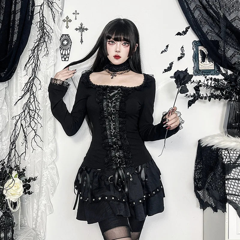 Gothic Romantic Goth Lace Ruffles Patchwork Square Collar Long Sleeve Top