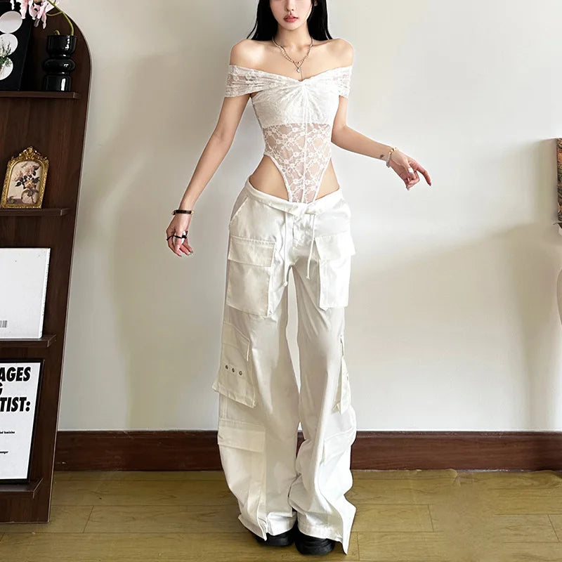 Gothic Alt Goth Off Shoulder Lace Mesh Bodysuit Top
