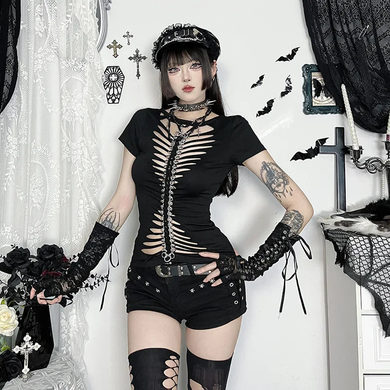 Gothic Alt Punk Goth Hollow Out Bone Chain Short Sleeve Top