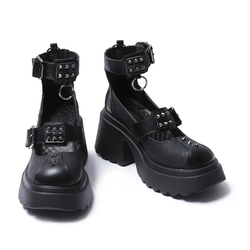 Gothic Alt Goth Punk Spikes Ring Rivets Platform Heels Mary Janes Pumps