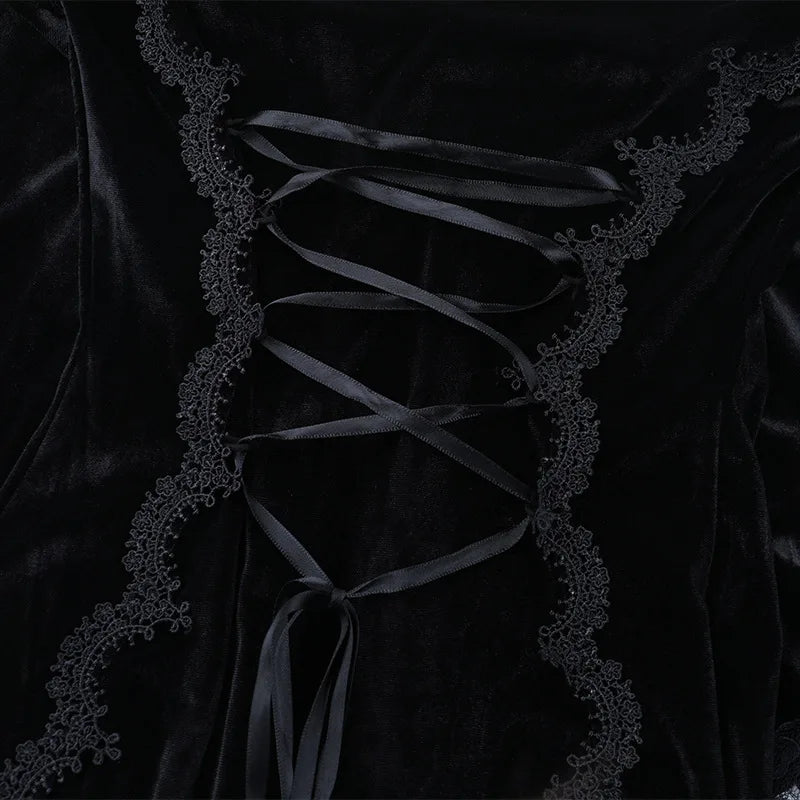 Gothic Romantic Goth Flocking Lace Batwing Sleeve Hooded Long Dress