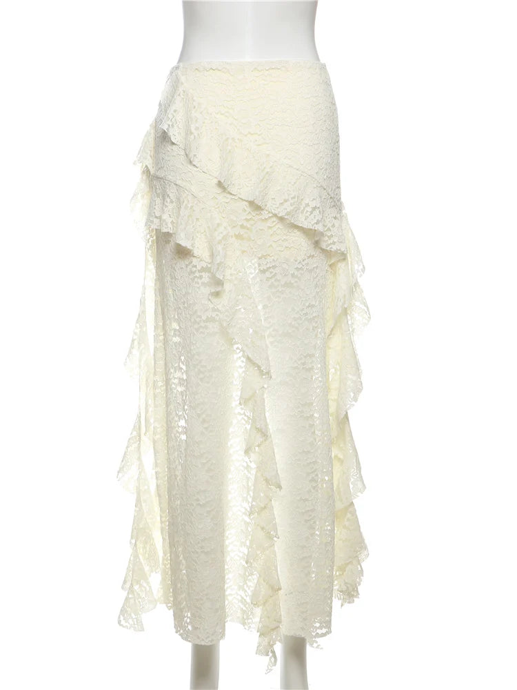 Gothic Alt Goth Lace Asymmetrical Hem Ruffled High Waist Skirt (available in 4 colors)