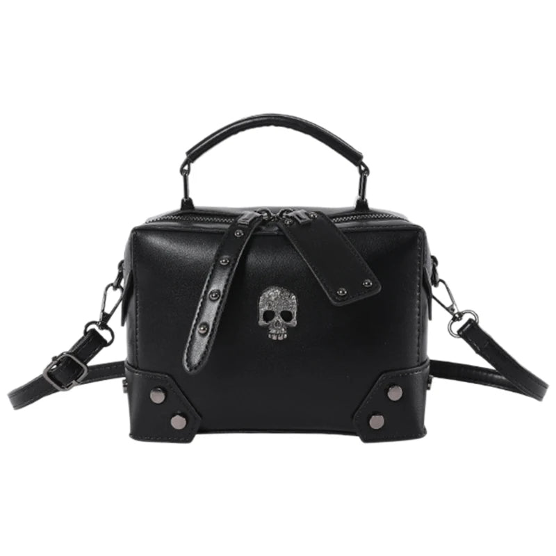 Gothic Punk Alt Goth Cross Skull Chain PU Leather Boxy Handbag Crossbody Bag with Top Handle