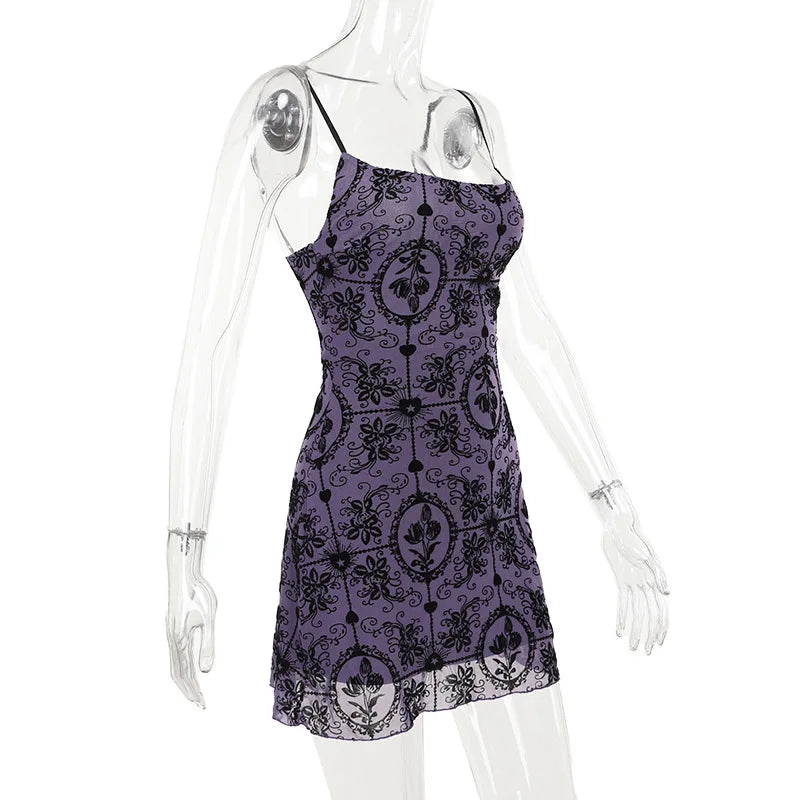 Gothic Alt Y2K Purple Sling Strap Sheer Mini Dress