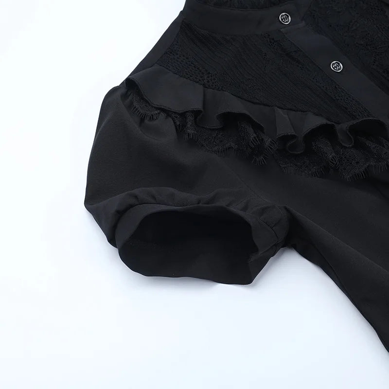 Gothic Victorian Goth Lace Patchwork Hollow Out Short Sleeve Blouse Top
