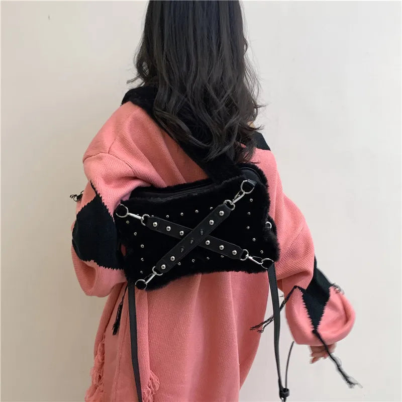 Gothic Alt Goth Y2K Bone Plush Studded Crossbody Shoulder Bag (available in 2 colors)