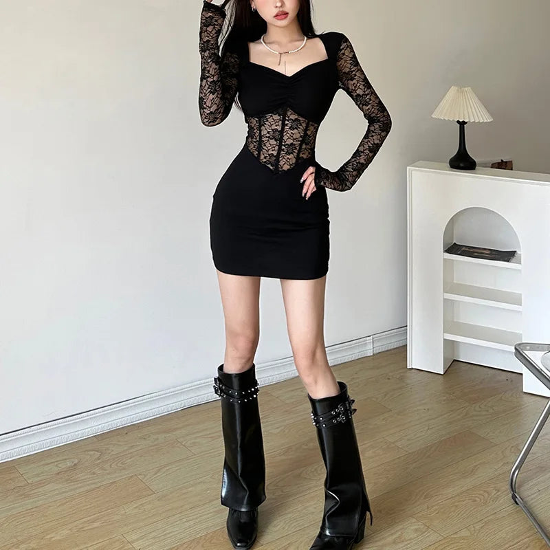 Gothic Alt Goth Lace Sleeves Patchwork Bodycon Mini Dress