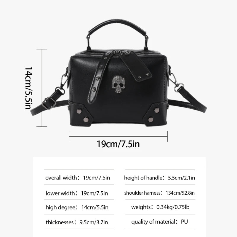 Gothic Punk Alt Goth Cross Skull Chain PU Leather Boxy Handbag Crossbody Bag with Top Handle