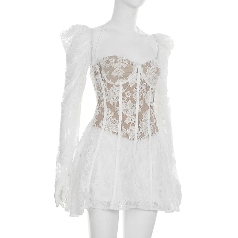 Gothic Romantic Goth Puff Sleeve Corset Waist White Lace Mini Dress