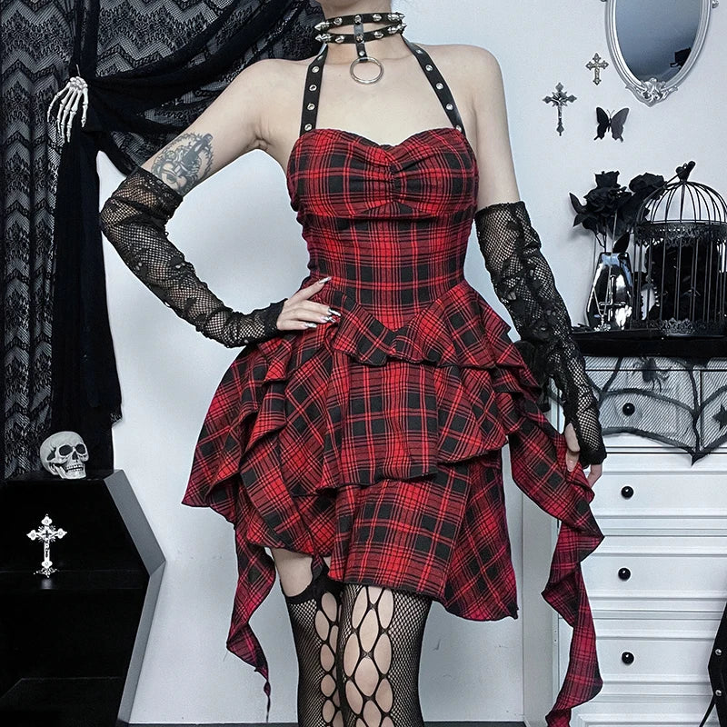 Gothic Grunge Y2K Red Plaid Irregular Hem Halter Mini Dress