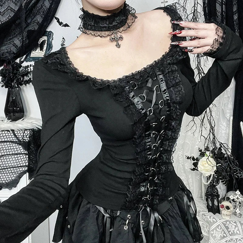 Gothic Romantic Goth Lace Ruffles Patchwork Square Collar Long Sleeve Top