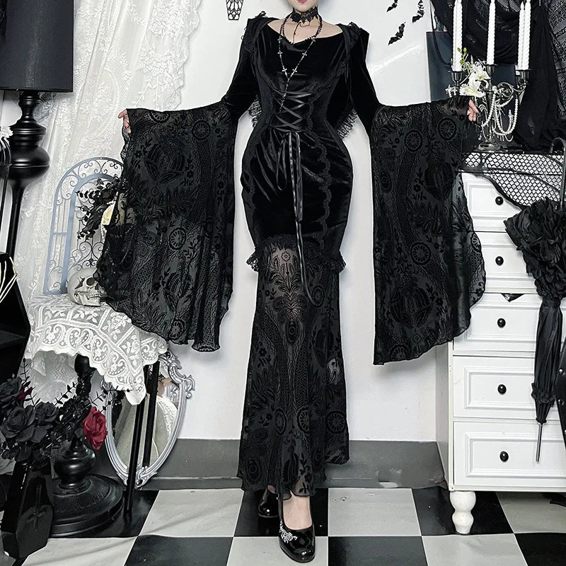 Gothic Romantic Goth Flocking Lace Batwing Sleeve Hooded Long Dress